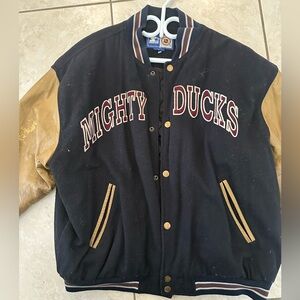 STARTER Mighty Ducks Vintage Varsity Jacket with Tan Sleeves Size XL
